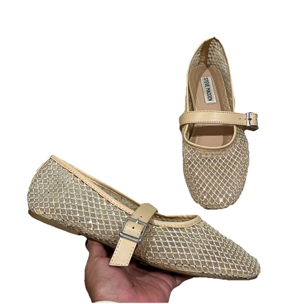 Steve Madden rhinestone-studded mesh Mary Jane ballet flat in a nude color.